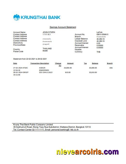 Thailand Krungthai bank statement Word and PDF